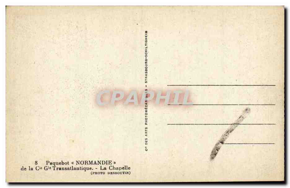 Chapelle du paquebot « Normandie » — intérieur décoré — éditeur CPAPHIL — Verso