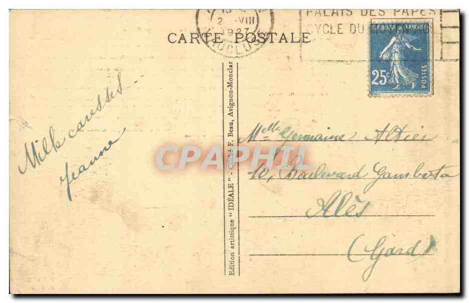 Avignon CPA Le palais des papes — Verso