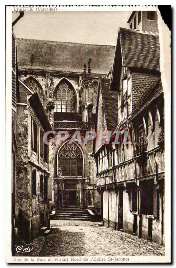 Lisieux (Calvados) — Rue de la Paix et Portail Nord de l'Église St-Jacques — Héliogravure Combier Macon