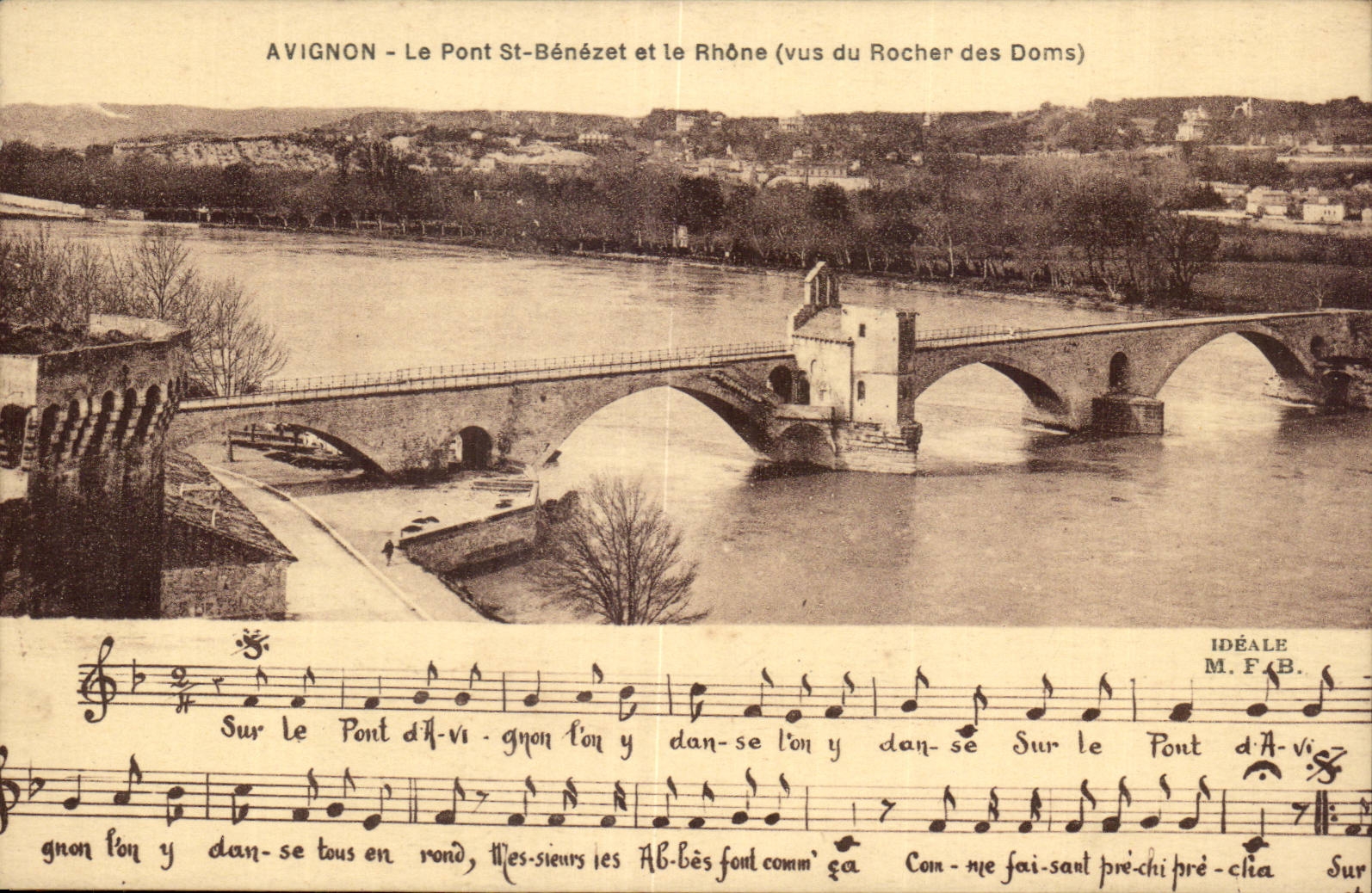 Avignon - Le pont St Benezet et le Rhone - musique - chanson d'enfant - famous childre's song - CPA 