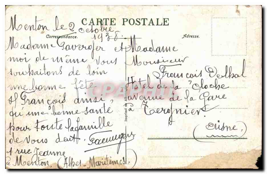 Menton CPA Vue generale prise du boulevard de Garavan — Verso