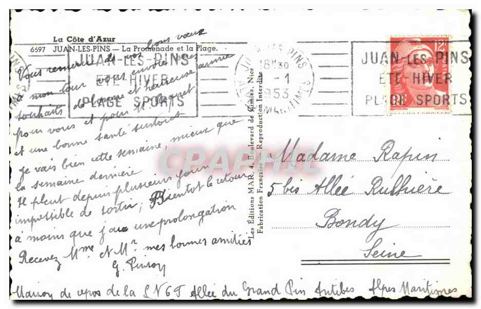 Juan les Pins CPA La promenade la plage — Rückseite