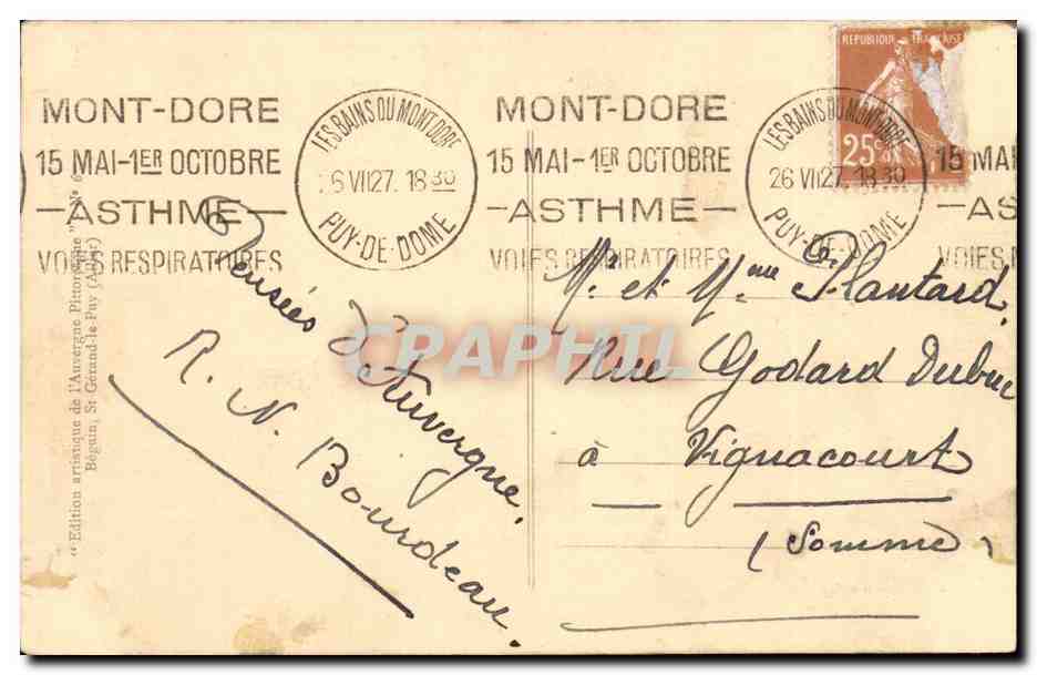 Le Lac de Guéry et les Monts Dore — Édition artistique de l'Anvergne Pitoires, Mont-Dore — Verso
