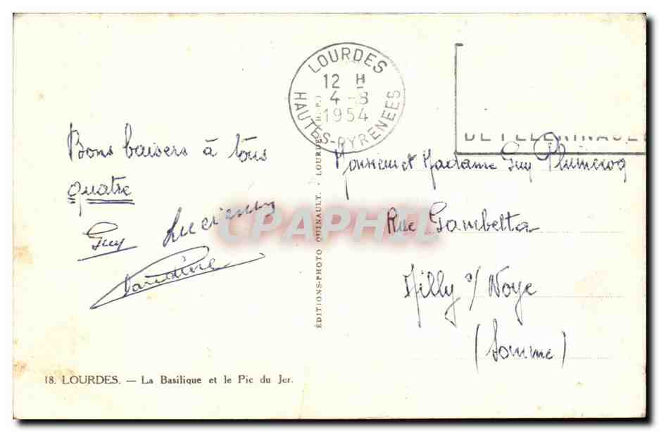 CPA Lourdes La basiliquet et le pic du Jer — Verso