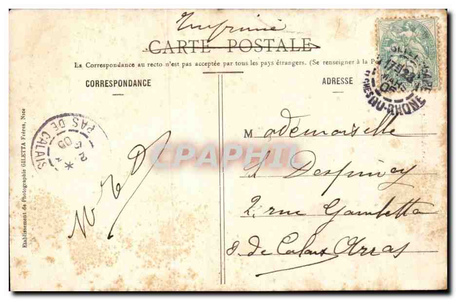 Cannes CPA Palmier de l'hotel de ville et le Mont Chevalier — Verso