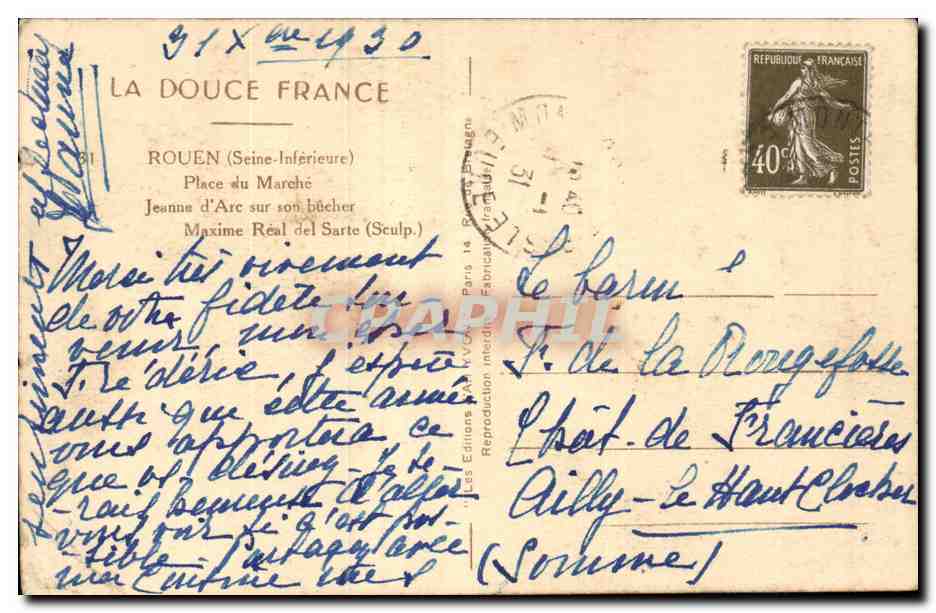 Rouen CPA Place du marche Jeanne d'arc sur son bucher — Verso