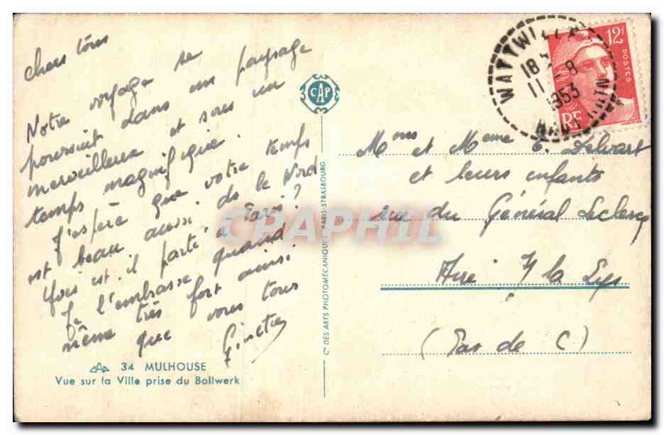 Mulhouse — Vue sur la Ville prise du Bollwerk — Éditeur CAP, n° 34 — Verso