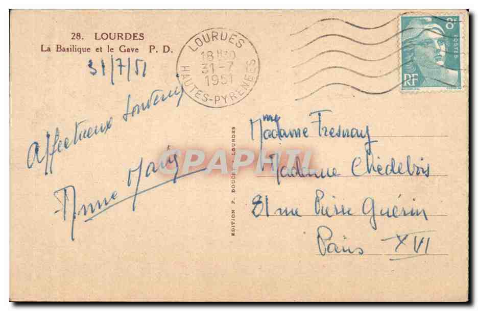 CPA Lourdes la basilique et le Gave — Verso
