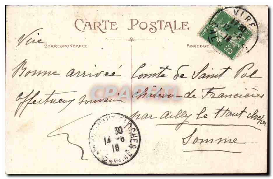 CPA Vire Un portail rue du Neubourg Lions — Rückseite