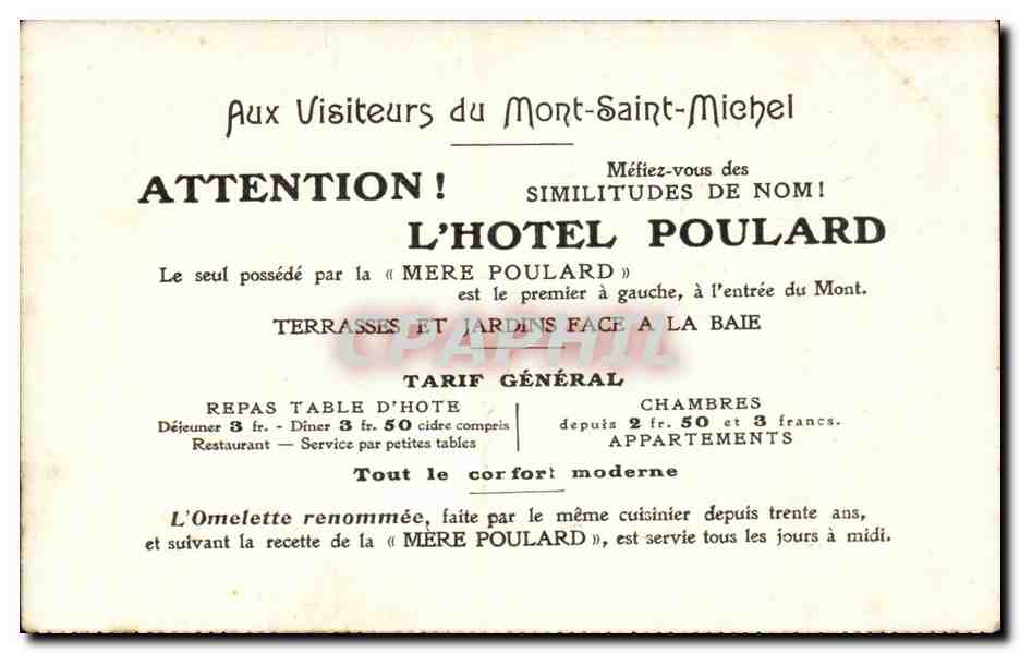 CPA Mont Saint Michel A l'omelette renomee de la mere Poulard Restaurant — Rückseite