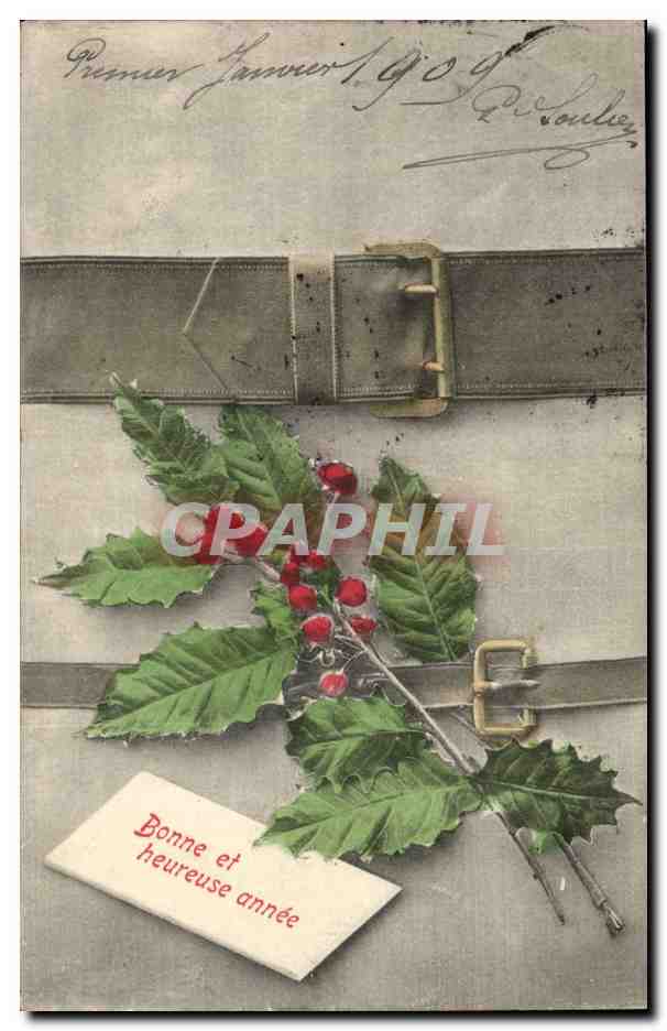 Fetes - Heureuse et Bonne Annee - houx - ceinture - holly - belt CPA 