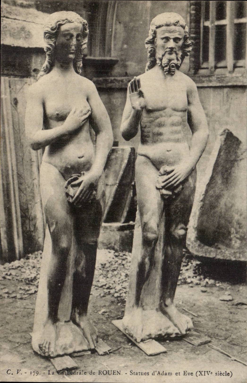 Rouen - La Cathedrale - Statue d'Adam et Eve - CPA 