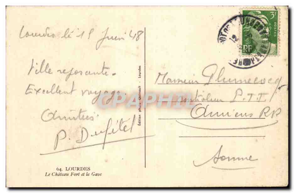Lourdes CPA Le chateau fort et le Gave — Verso