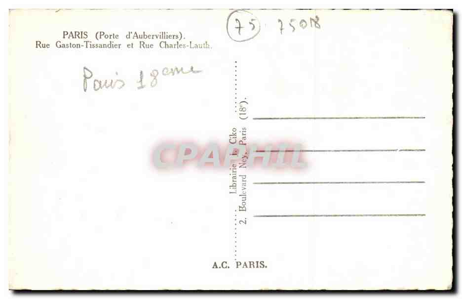 Paris CPA Rue Gaston Tissandier et rue Charles Lauth — Rückseite