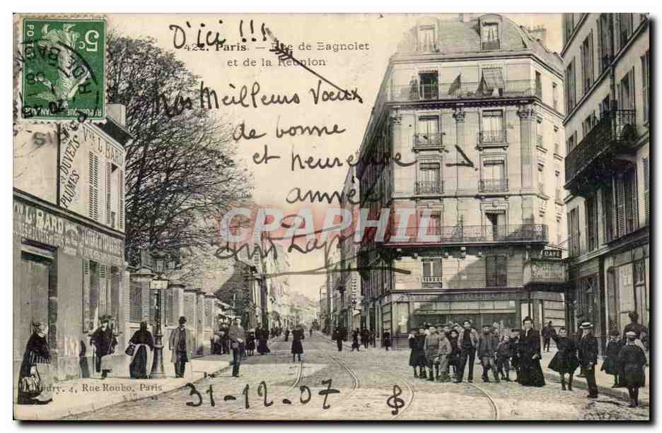 París Tarjeta postal antigua Rue de Bagnolet y de la Reunión TOP