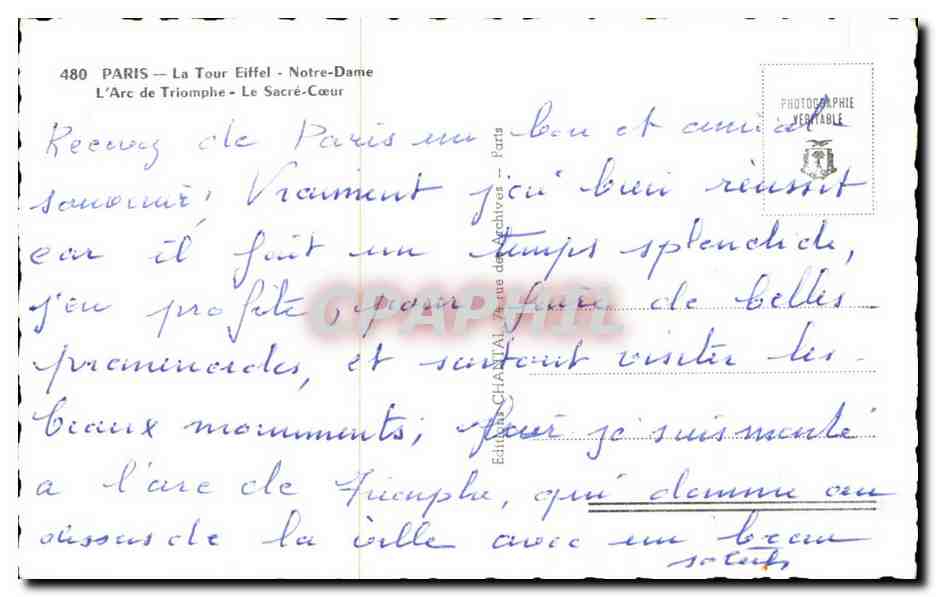 Paris CPA La Tour Eiffel Notre Dame L'Arc de triomphe le Sacre Coeur — Verso