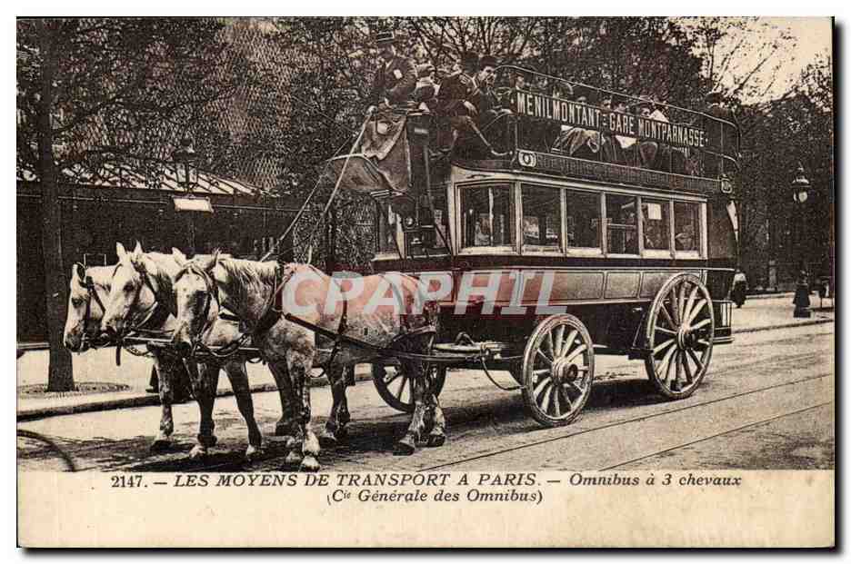 Paris CPA Les moyens de transport Omnibus a 3 chevaux (Cie generale) (voiture automobile Menilmontant Gare Montparnasse