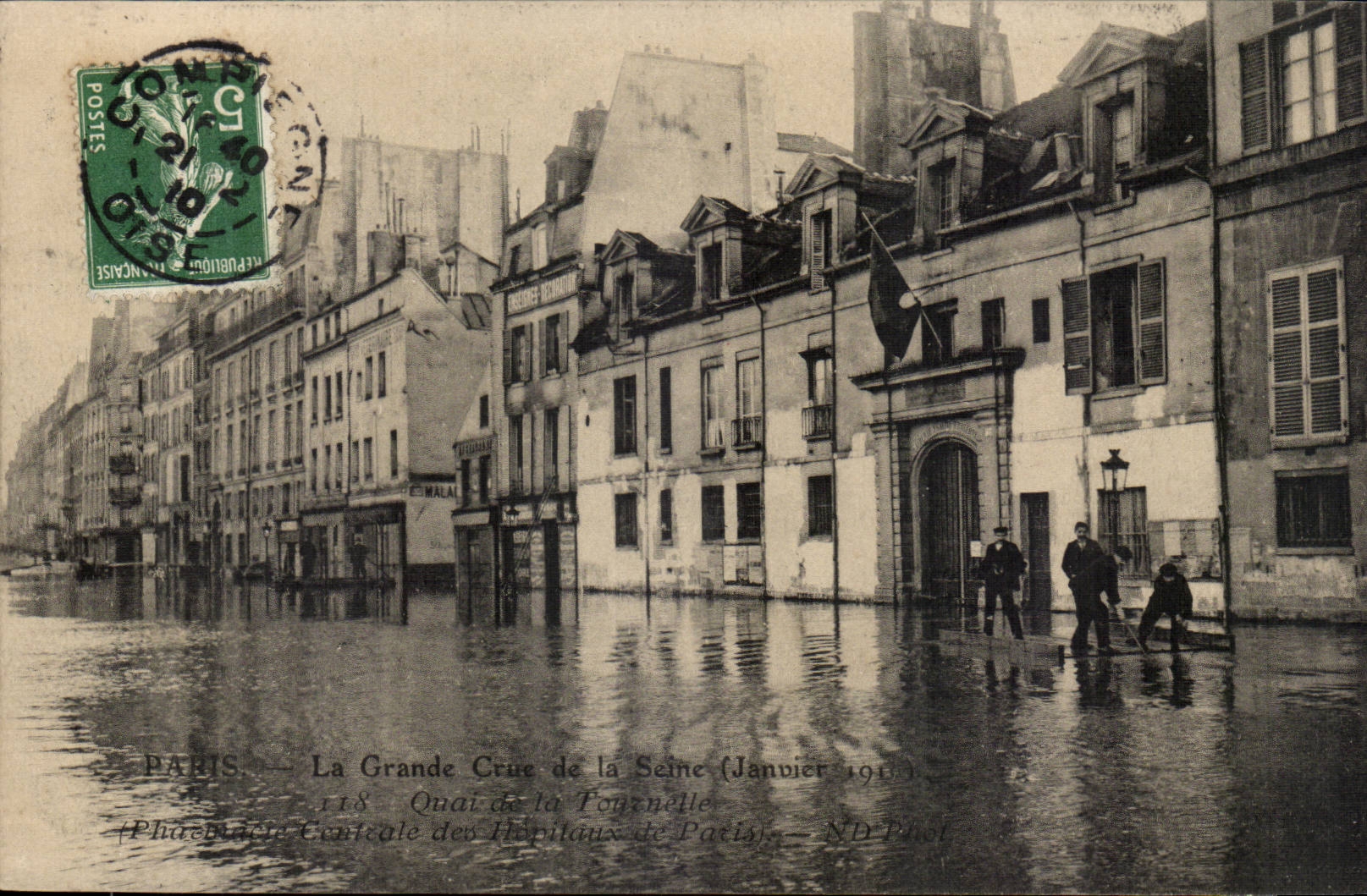 Paris — La Grande Crue de la Seine (Janvier 1910) — Quai de la Fongnuelle — Pharmacie Centrale des Hôpitaux de Paris — ND Phot