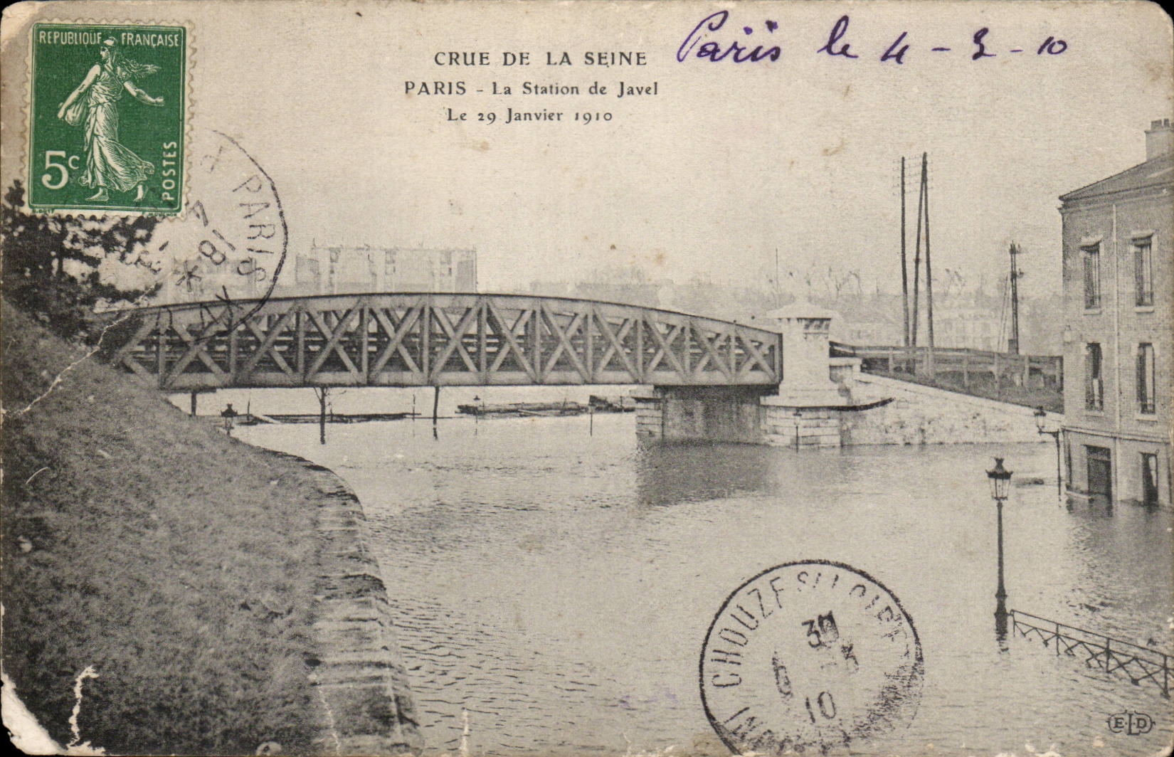 Paris CPA Inondations 1910 La station de Javel 29 janvier 1910