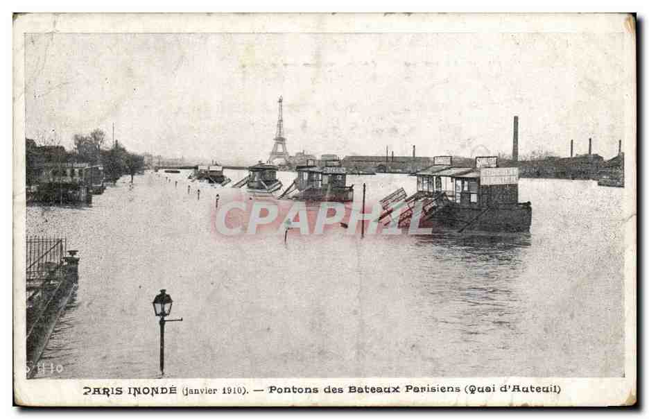 Paris CPA Inondations 1910 Pontons des bateaux parisiens (quai d'Auteuil)