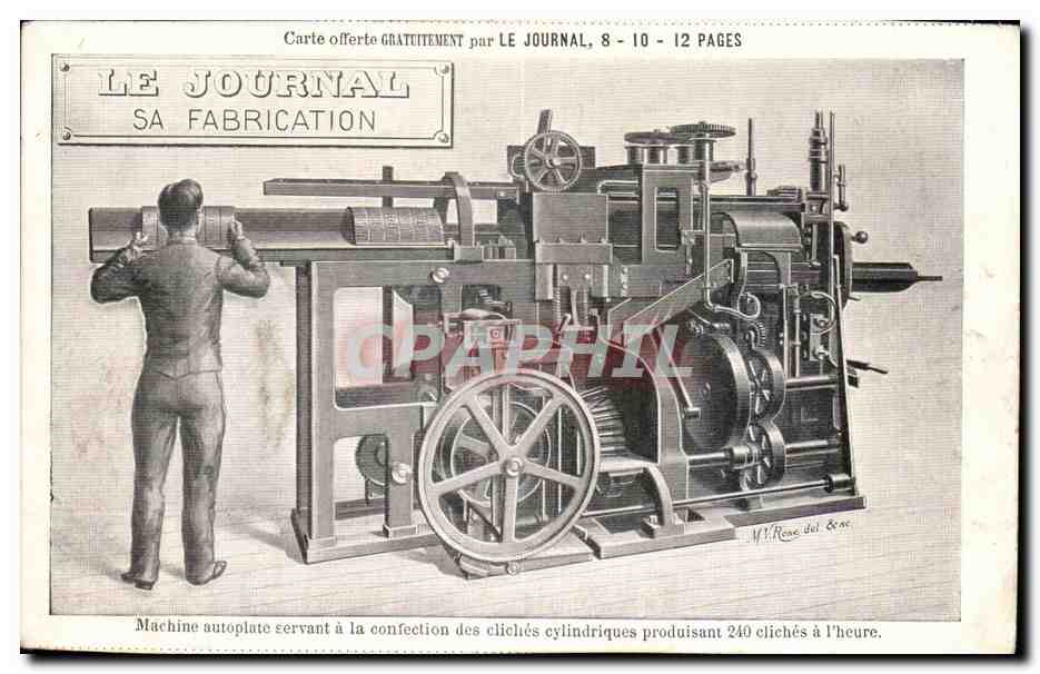 Paris CPA Journal Sa fabrication Machine autoplate servant a la confection des cliches cylindriques (presse media)
