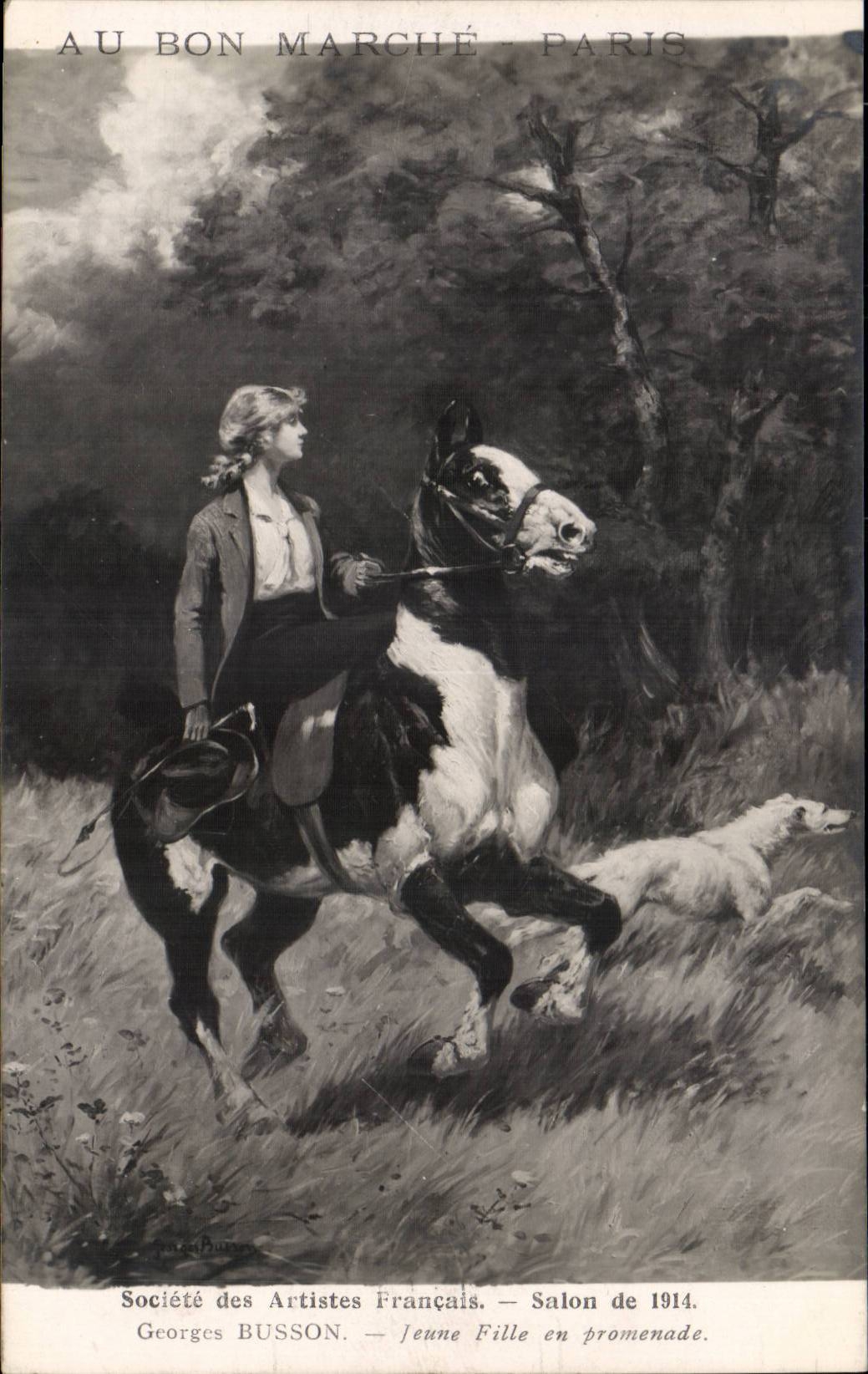 Societe des artistes francais CPA Salon de 1914 Georges Busson Jeune fille en promenade (hippisme cheval) Au Bon Marche
