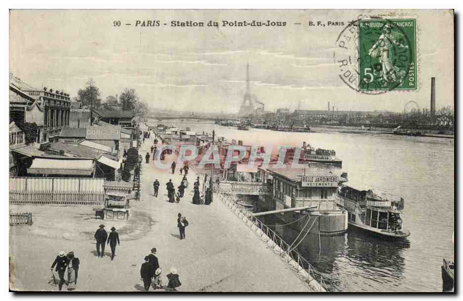 Paris - Station du Point-du-Jour — B.F., Paris — vue du quai avec bateau 'Belle Jardinière' et la Tour Eiffel en arrière-plan