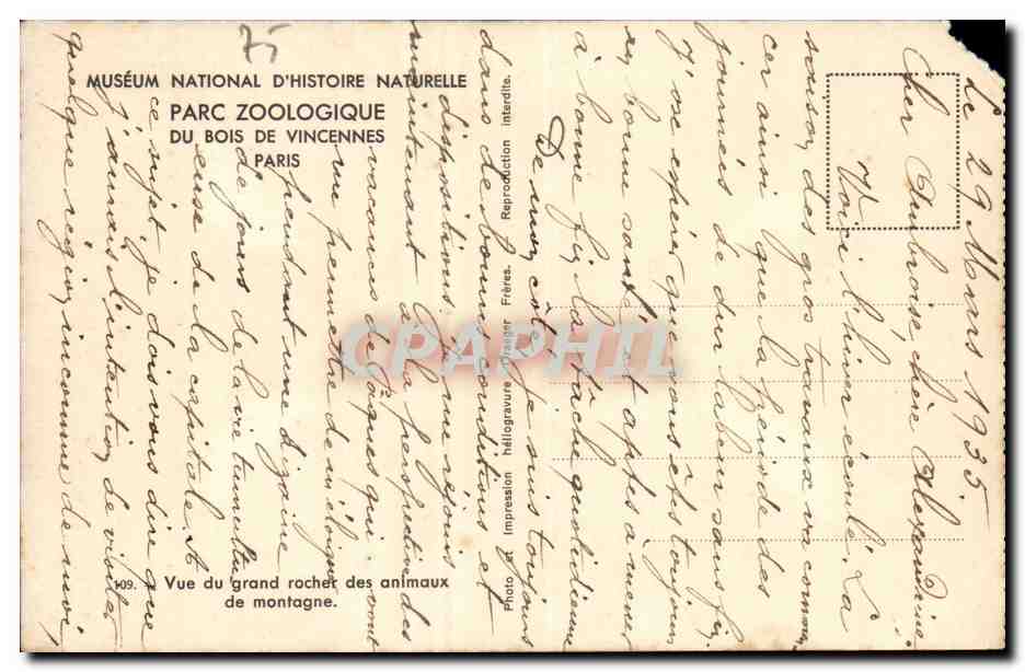 Vue du grand rocher des animaux de montagne — Muséum national d'Histoire naturelle, Parc zoologique du Bois de Vincennes — Photo héliogravure J. Fretz, n°409 — Verso