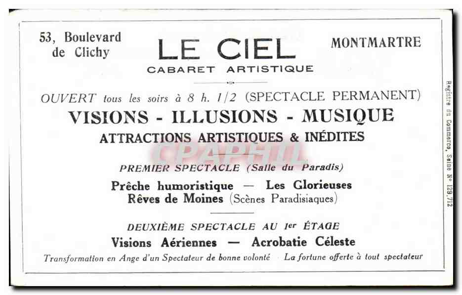 Paris CPA Montmartre Ciel Illusions Visions Cochon Cabaret Bd de Clichy — Rückseite