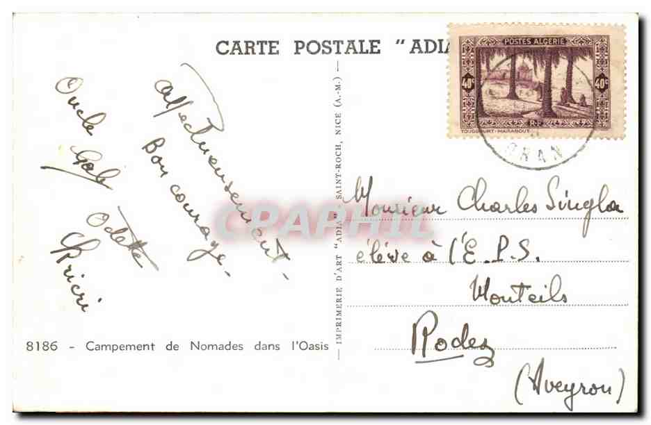 Campement de Nomades dans l'Oasis — Imprimerie d'Art, Saint-Roch, Nice — n° 8186 — Back