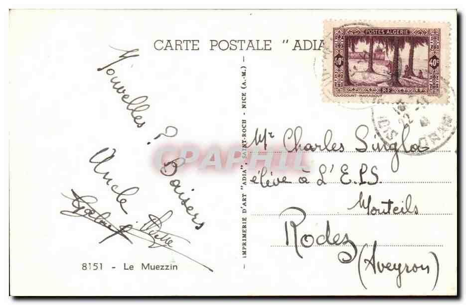Muezzin priant — vue de la ville et de la minaret — Imprimerie d'Art 'Adia' n°8151, Le Muezzin — Rückseite