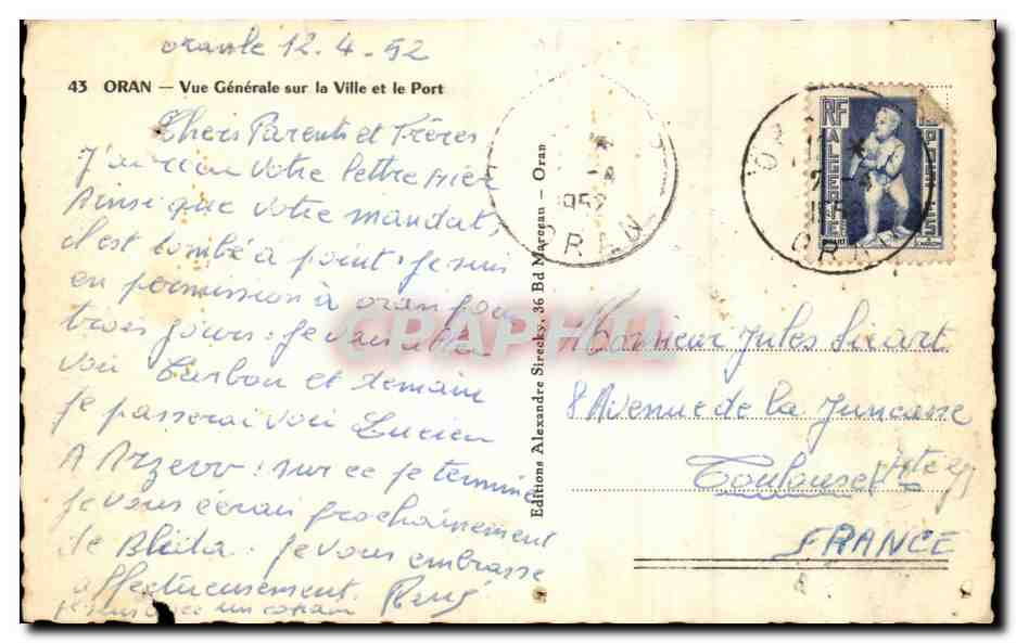 Oran — Vue Générale sur la Ville et le Port — Éditions Alexandre Sireks, n°43 — Verso