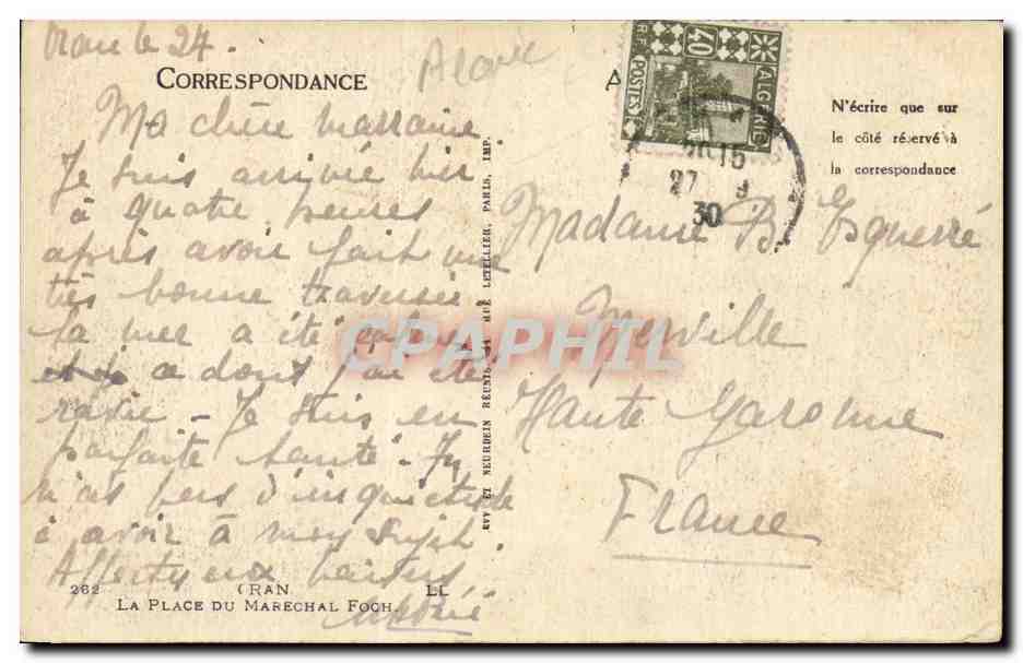 Place du Général de Gaulle — Algérie — éditeur 'La Place du Marechal Foch' n°262 — Back