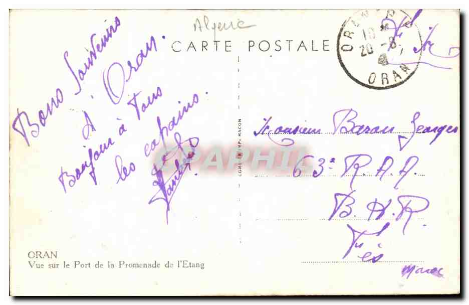 Algerie Oran CPA Vue sur le port de la promenade de l'etang — Rückseite