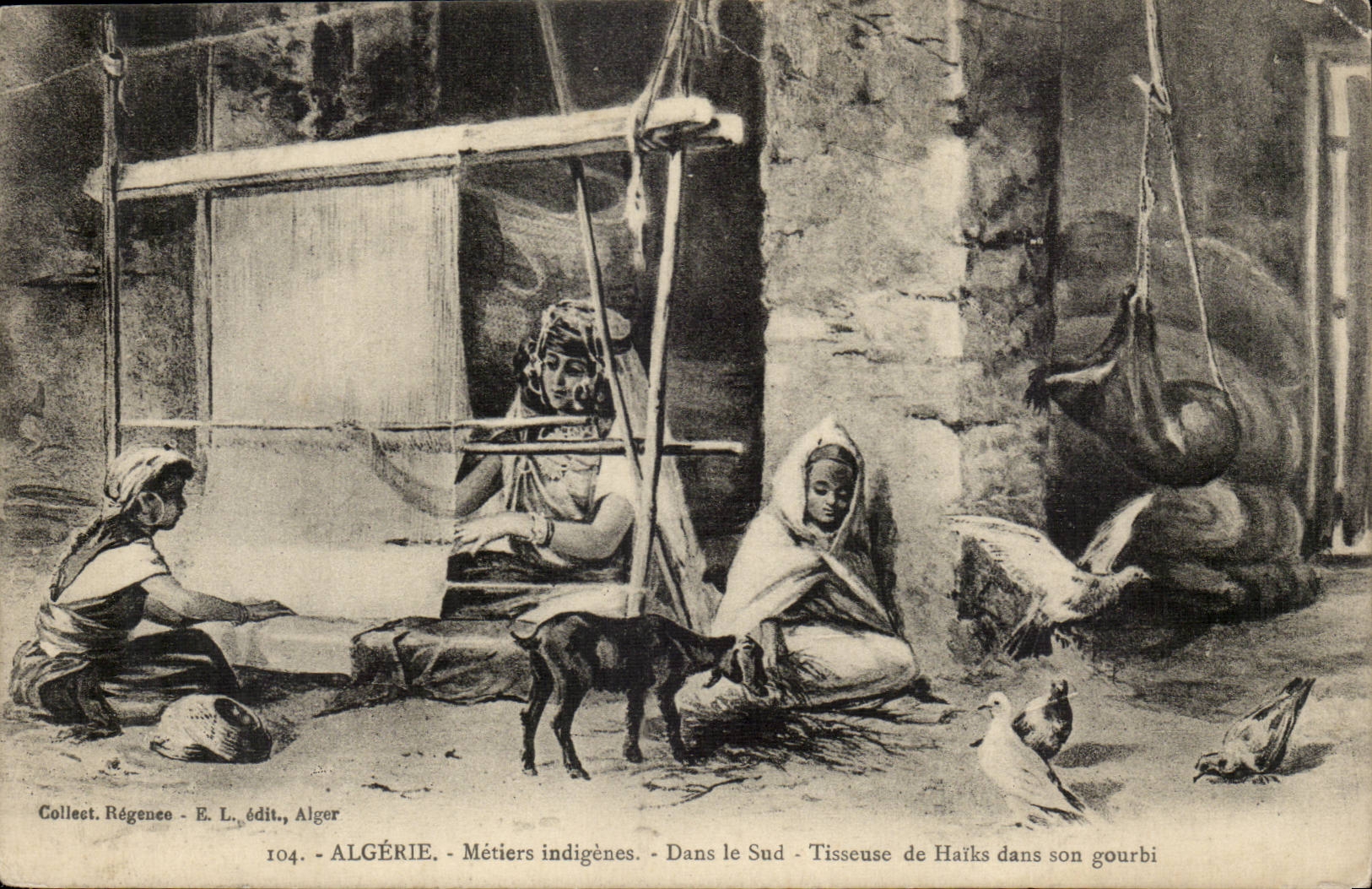 Algérie - Métiers indigènes - Dans le Sud - Tisseuse de Haïks dans son gourbi