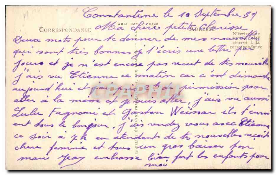 Algerie Constantine CPA La rue Sidi Djeliss — Back