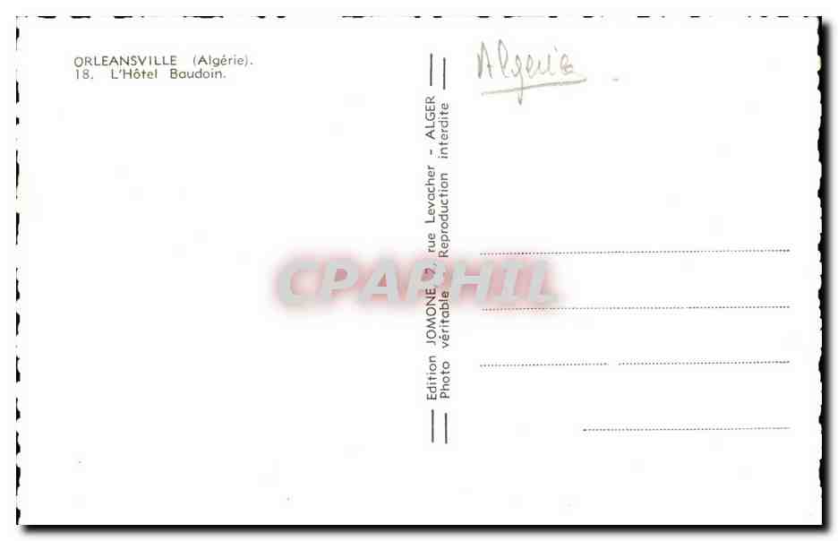Algerie - Afrique - Orleansville - L'Hotel Boudoin - CPA  — Rückseite