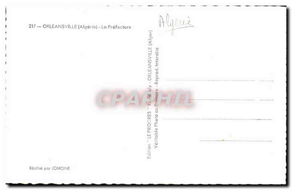 Algerie - Afrique - Orleansville - La Prefecture - CPA  — Verso