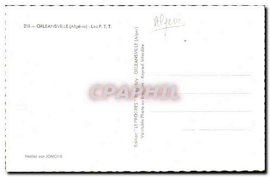 Algerie - Afrique - Orleansville - Les P T T - CPA  — Rückseite