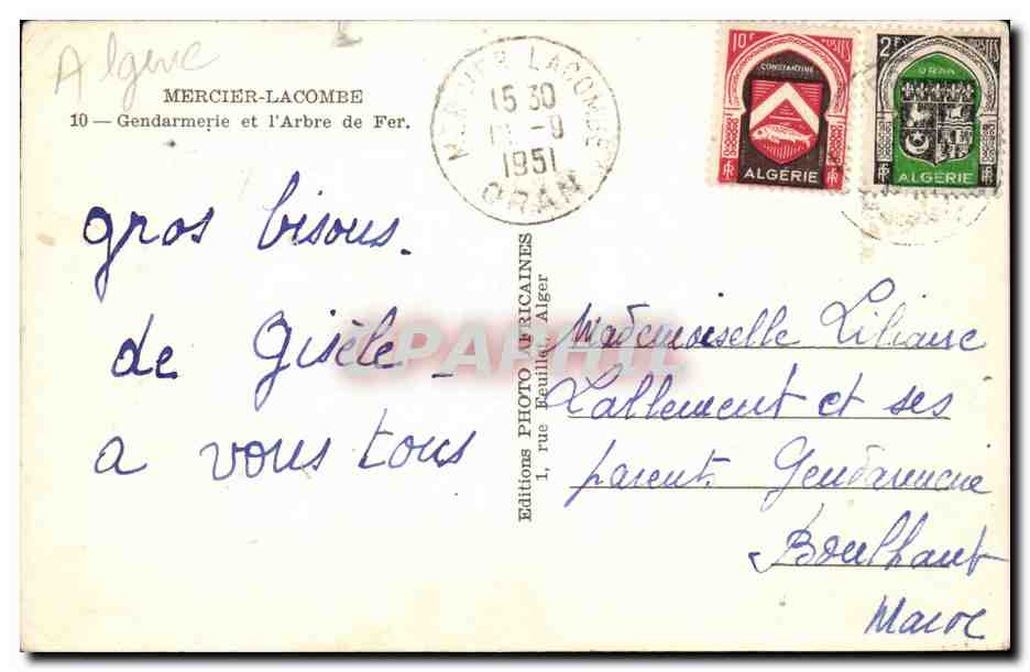 Algerie - Afrique - Mercier Lacombe - Gendarmerie et l'Arbre de Fer - CPA  — Verso