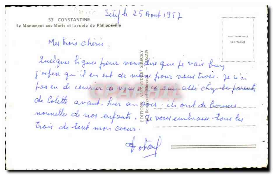 Constantine — Monument aux Morts et route de Philippeville — Éditions Alexandre Sécky — Verso