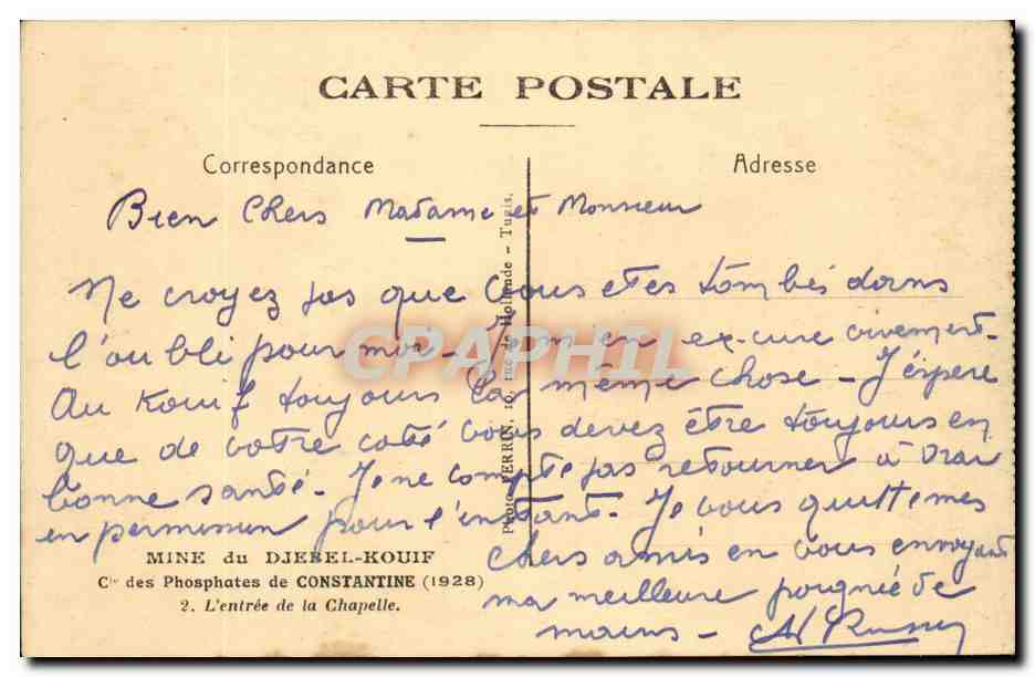 Entrée de la chapelle — Mine du Djebel-Kouif — C° des Phosphates de Constantine (1928) — Verso