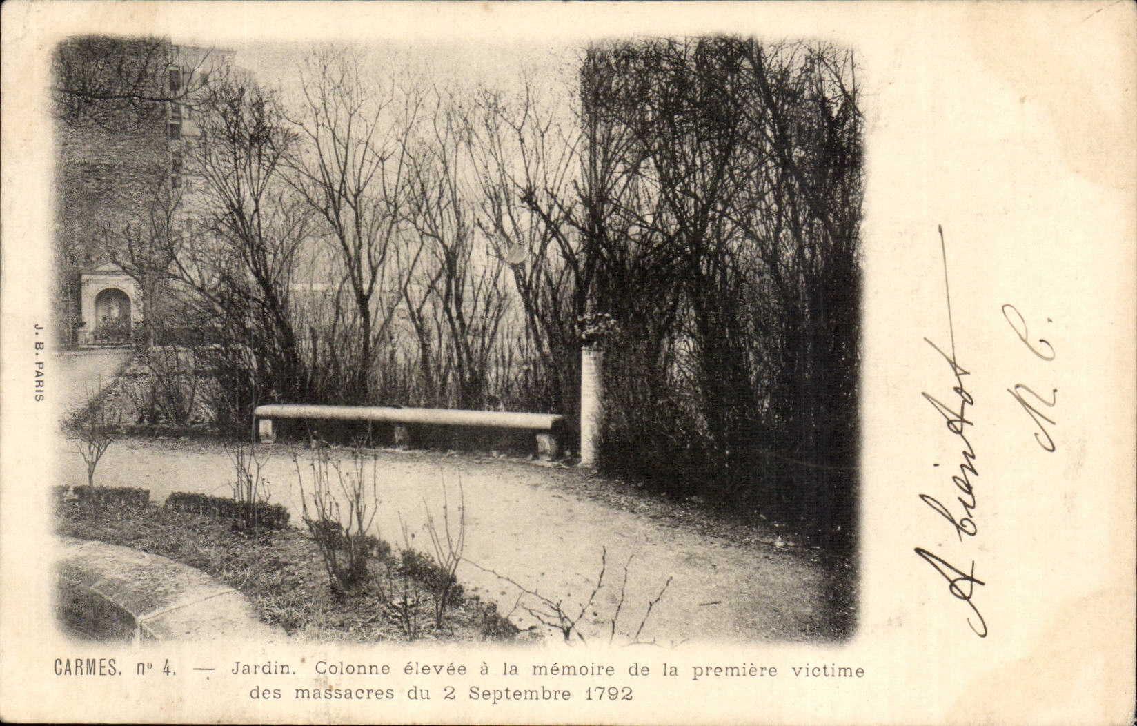 Carmes. Jardin — Colonne élevée à la mémoire de la première victime des massacres du 2 Septembre 1792 — J.B. PARIS, n°4