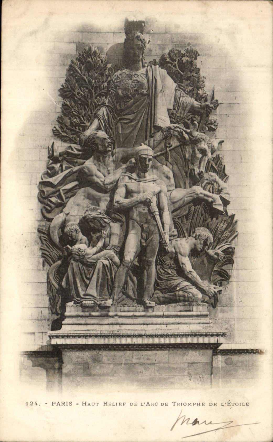 Paris CPA Haut relief de l'arc de triomphe de l'etoile (pub Le jeune Tailleur Costumes et PArdessus Bd des Italiens 9eme