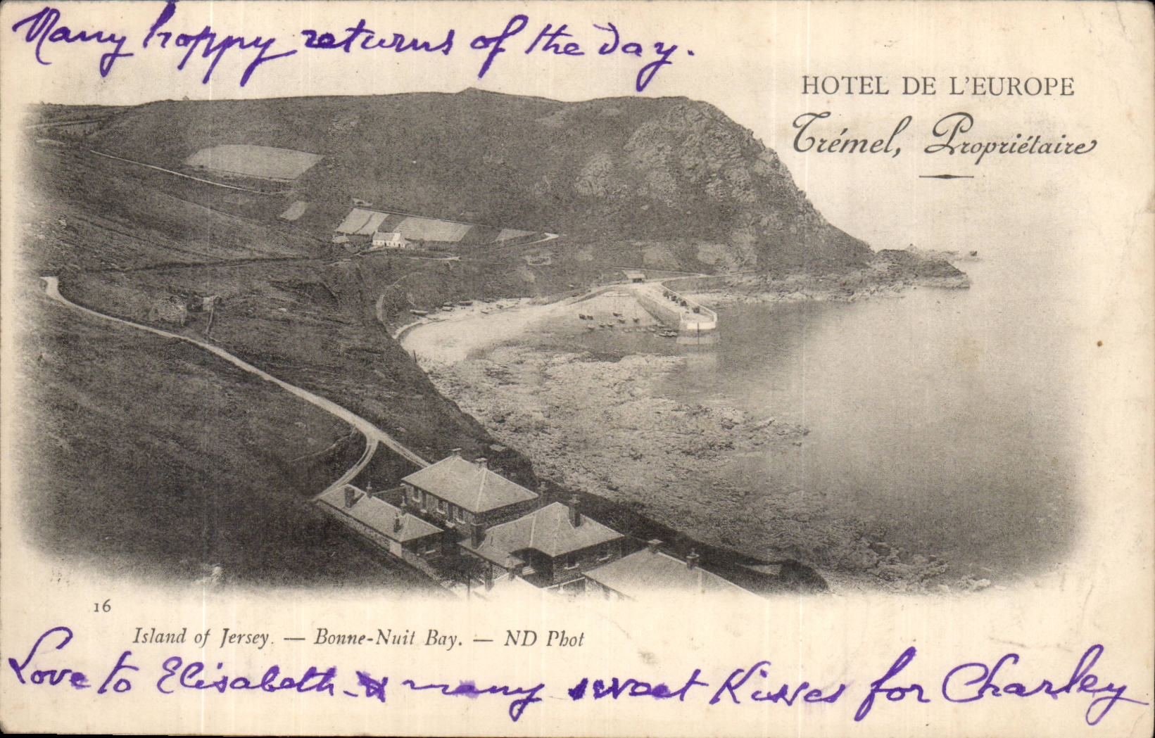 Grande Bretagne CPA JErsey Hotel de l'europe Tremel proprietaire Bonne Nuit Bay