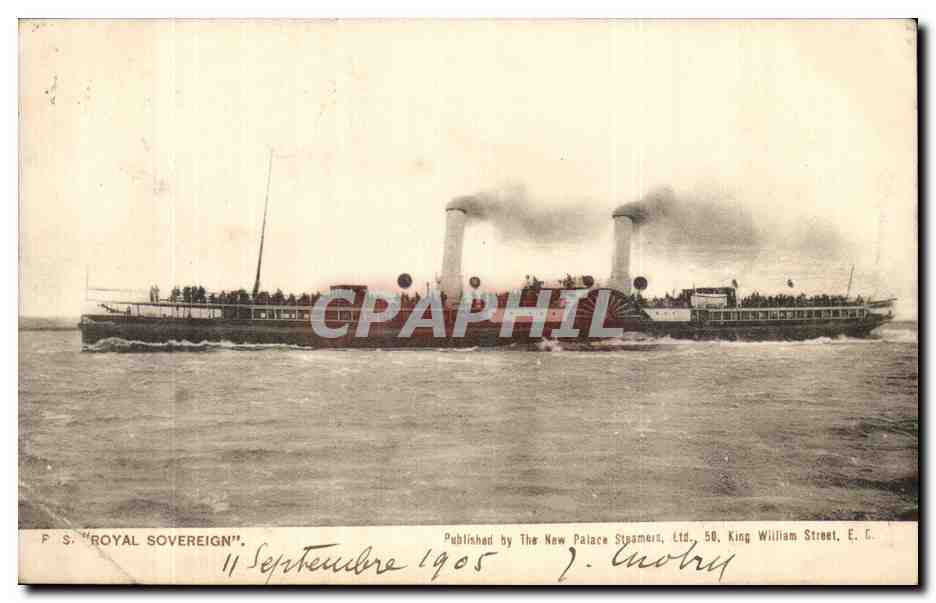 F.S. "ROYAL SOVEREIGN" — vapeur à roues à aubes — Published by The New Palace Steamers, Ltd., 50, King William Street, E.C.