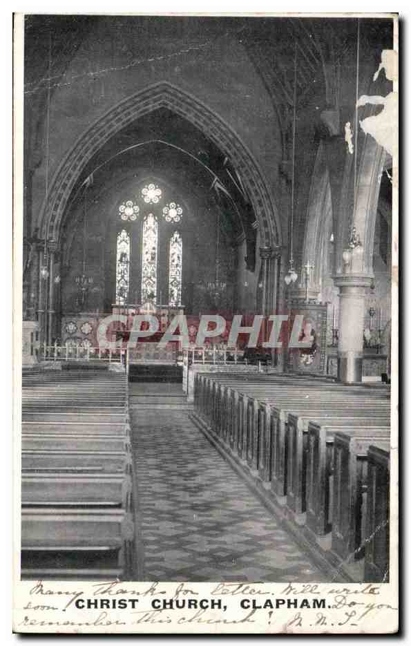 Intérieur de l'église Christ Church, Clapham — vue de la nef et des vitraux — éditeur non identifié