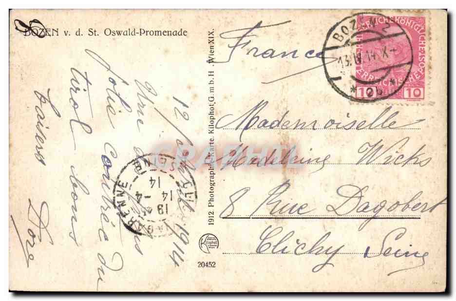 Autriche Bozen CPA Oswald Promenade — Rückseite