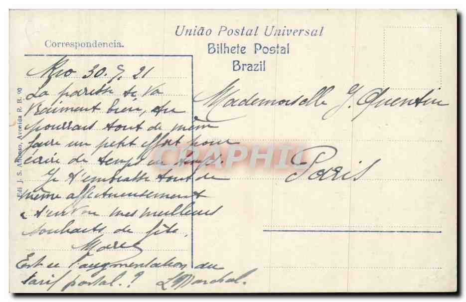 Vue prise du Pão de Açúcar, Rio de Janeiro — éditeur J. S. Afonso, n° R. 90 — Rückseite