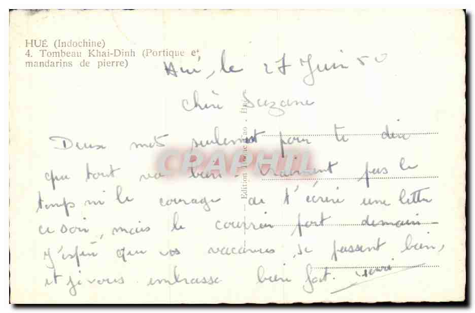 CPA Hue (indocheine) Tombeau Khai Dinh (mandarins de pierre) Vietnam — Verso